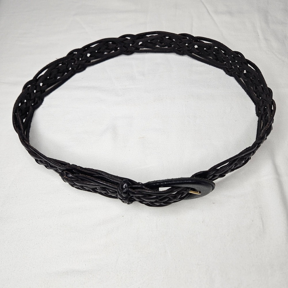 Black‎ Braided Genuine Leather Belt Womens Medium Gold Buckle Woven 35 Inch